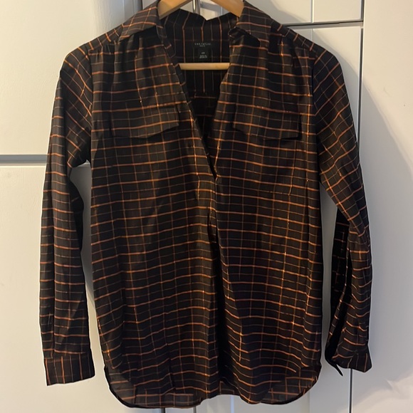 Ann Taylor Tops - Ann Taylor XSP Black & orange sparkling thread plaid shirt.